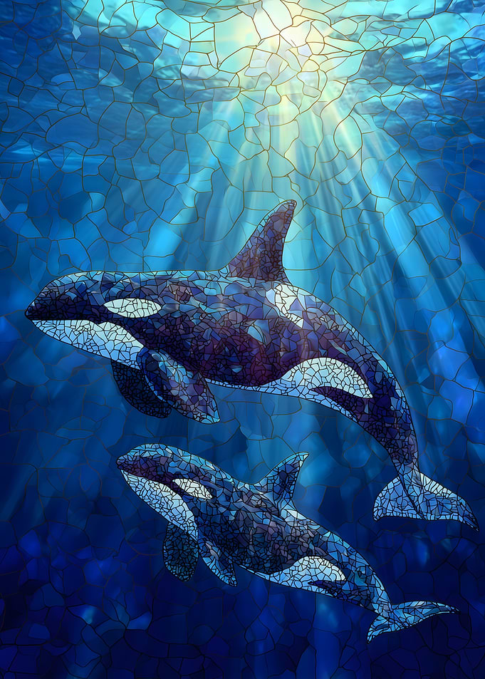 Orcas swimming in sunlit ocean