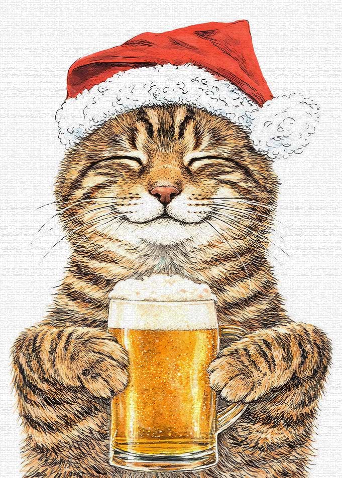 Cat in Santa Hat with Beer