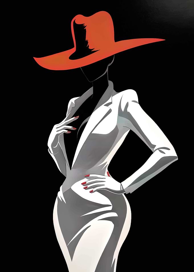 Woman in White Suit and Red Hat