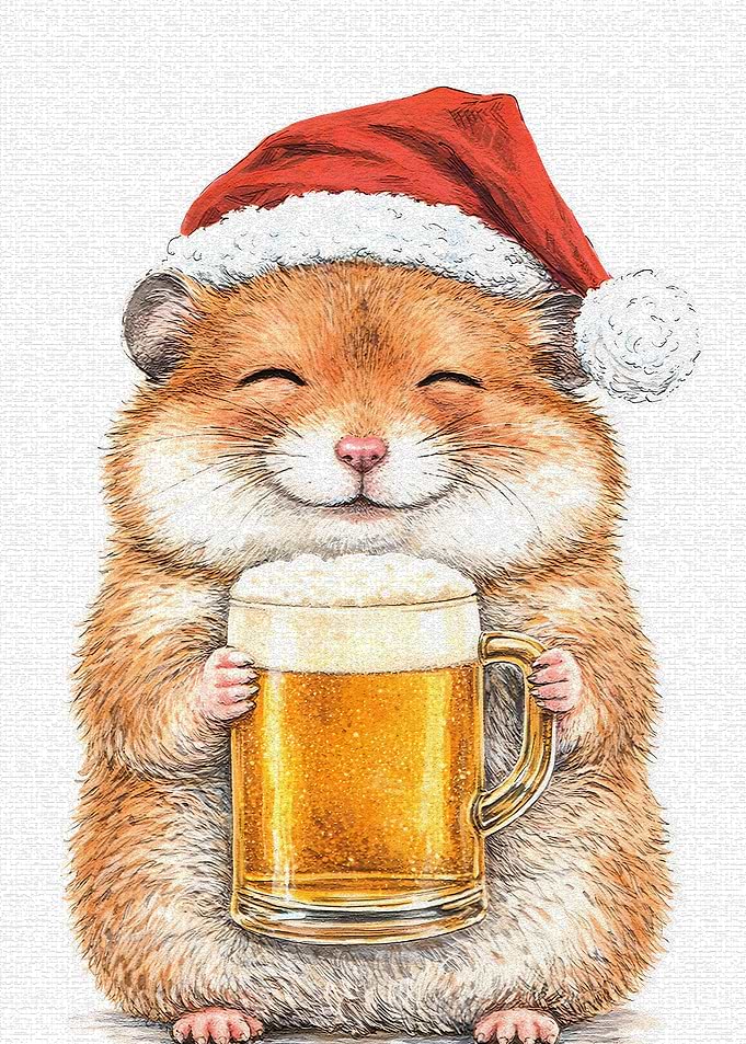 Hamster in Santa Hat with Beer