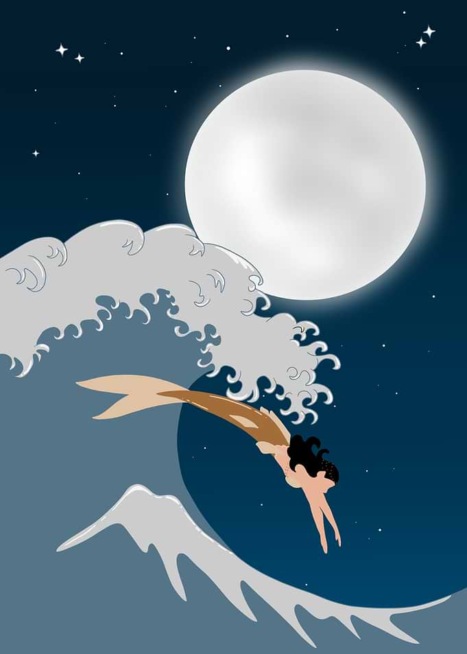 Mermaid diving into a moonlit wave