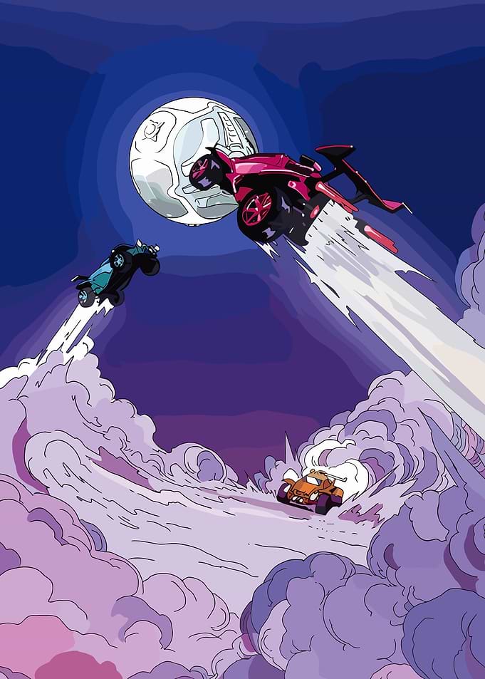 Rocket League cars in a surreal landscape
