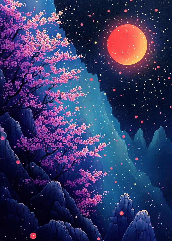 Cherry Blossoms Under a Red Moon
