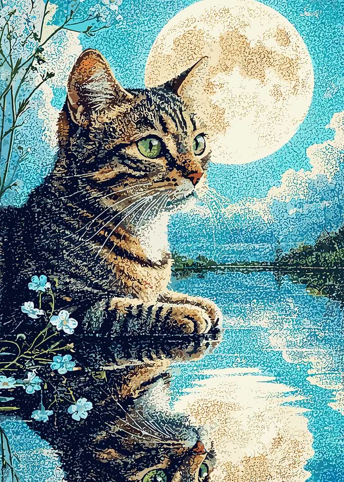 Cat by the Moonlit Lake