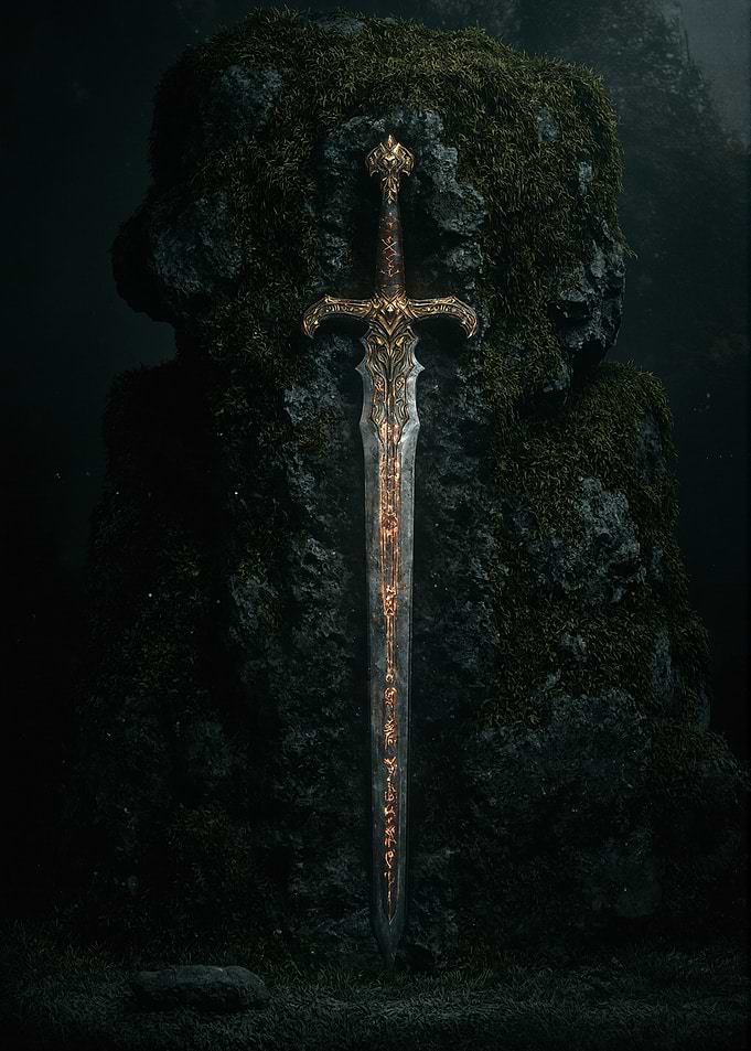 Ornate Fantasy Sword on Mossy Rock