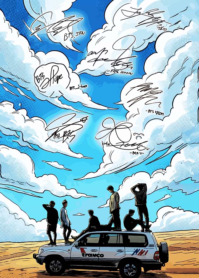 BTS members in a desert landscape