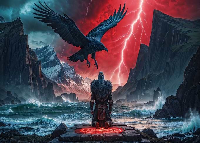 Viking Warrior and Raven in Storm