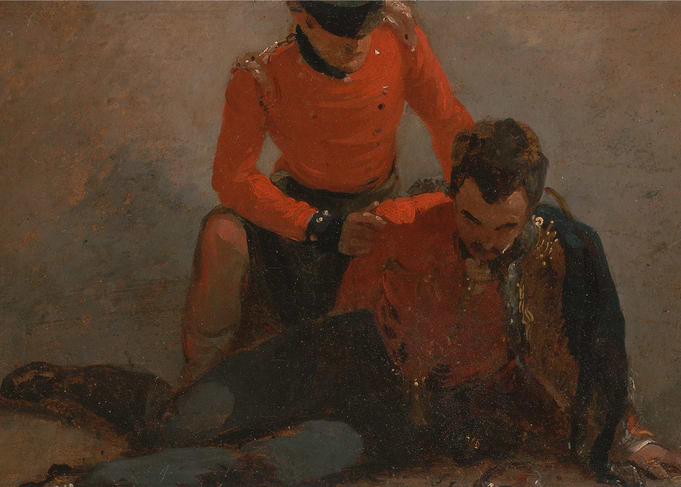 Soldier helping wounded comrade