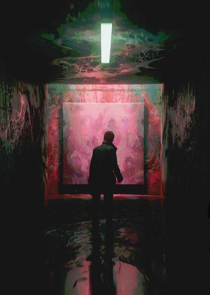 Person in a dark hallway with abstract art