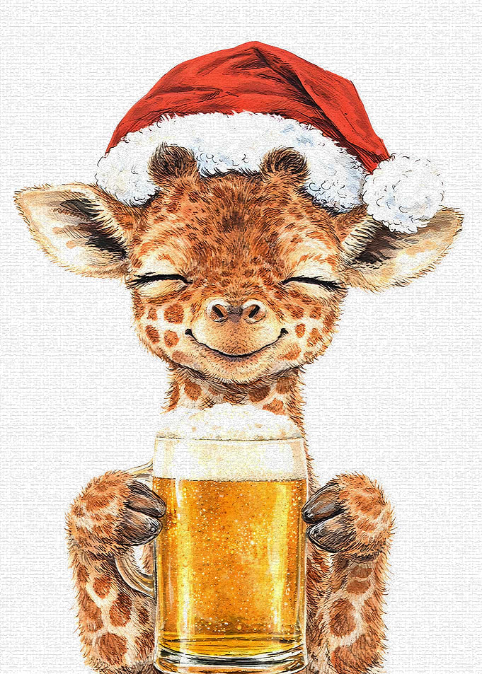 Cute Giraffe in Santa Hat with Beer