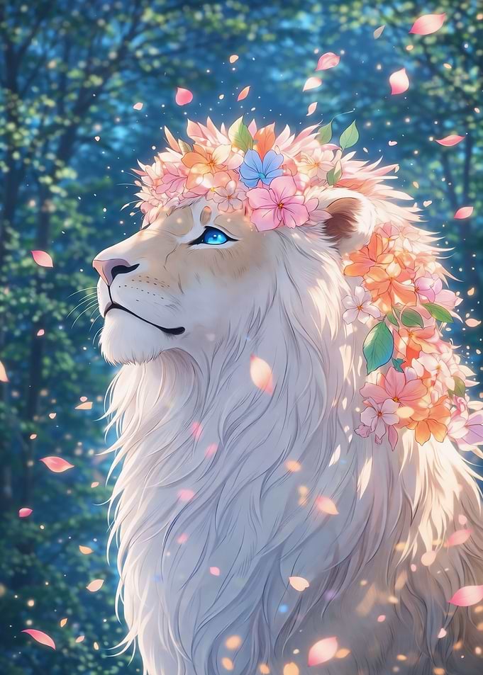 Lion with Flower Crown in Forest