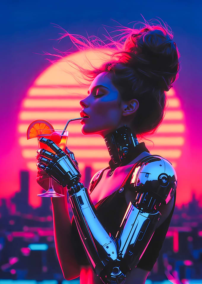 Neon Serenity – Cyberpunk Cyborg Woman at Sunset with Cocktail