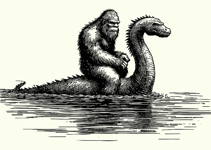 Bigfoot Riding Loch Ness Monster Poster, Vintage Mythical Cryptid Wall Art Print
