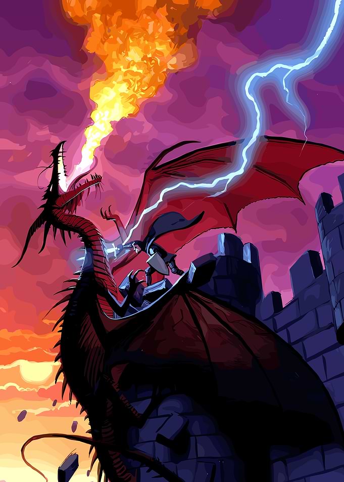Dragon vs Knight in Stormy Sky