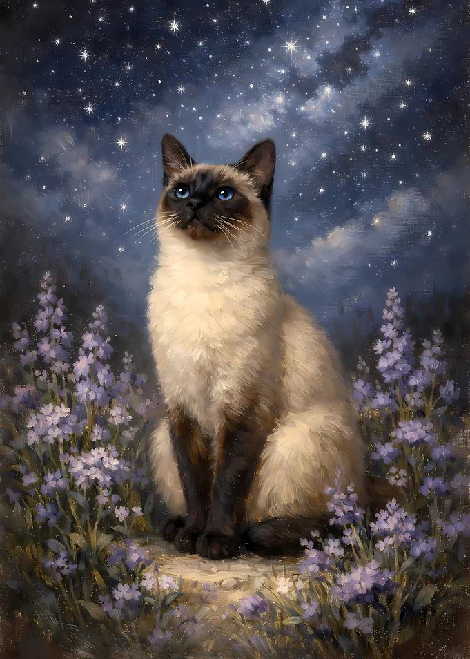 Siamese Cat Under a Starry Sky