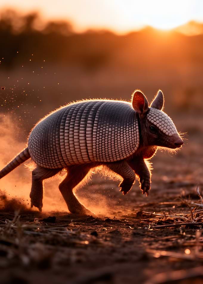 Armadillo running at sunset