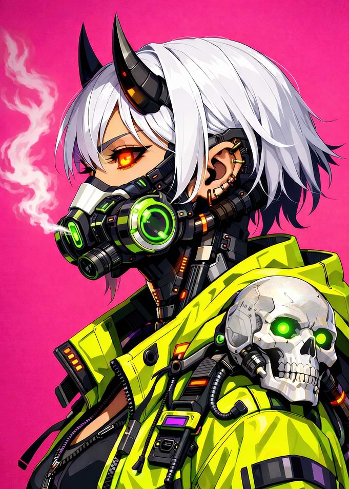 Cyberpunk Anime Girl with Skull