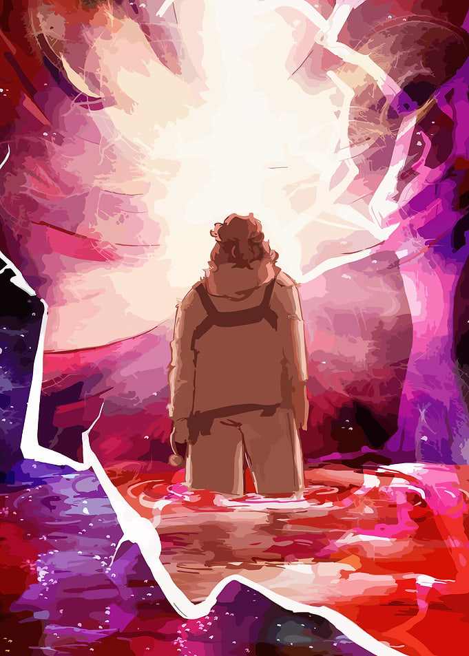 Person in surreal, colorful landscape