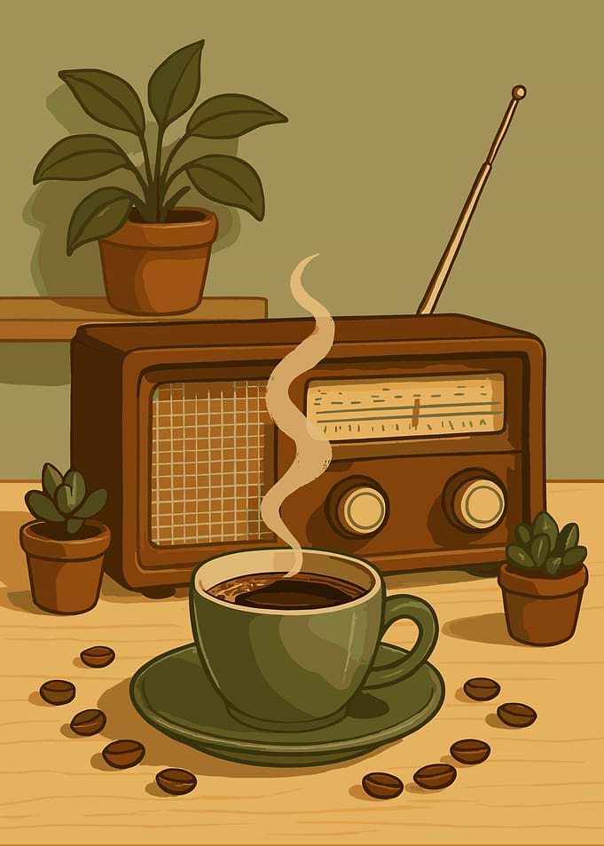Retro radio with coffee and plants