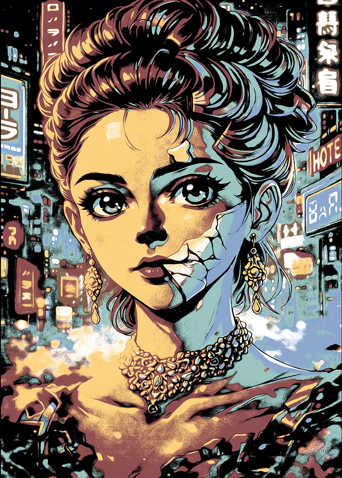 Cracked Woman in Neon City