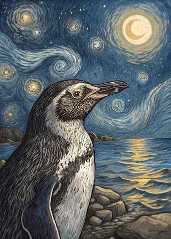 Penguin Under Starry Night Sky