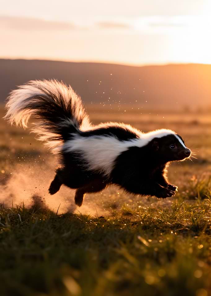 Skunk running at sunset