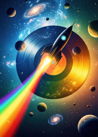 Rocket Launching from Vinyl Record in Space