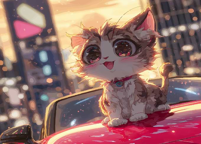 Cute Anime Cat on a Car in City