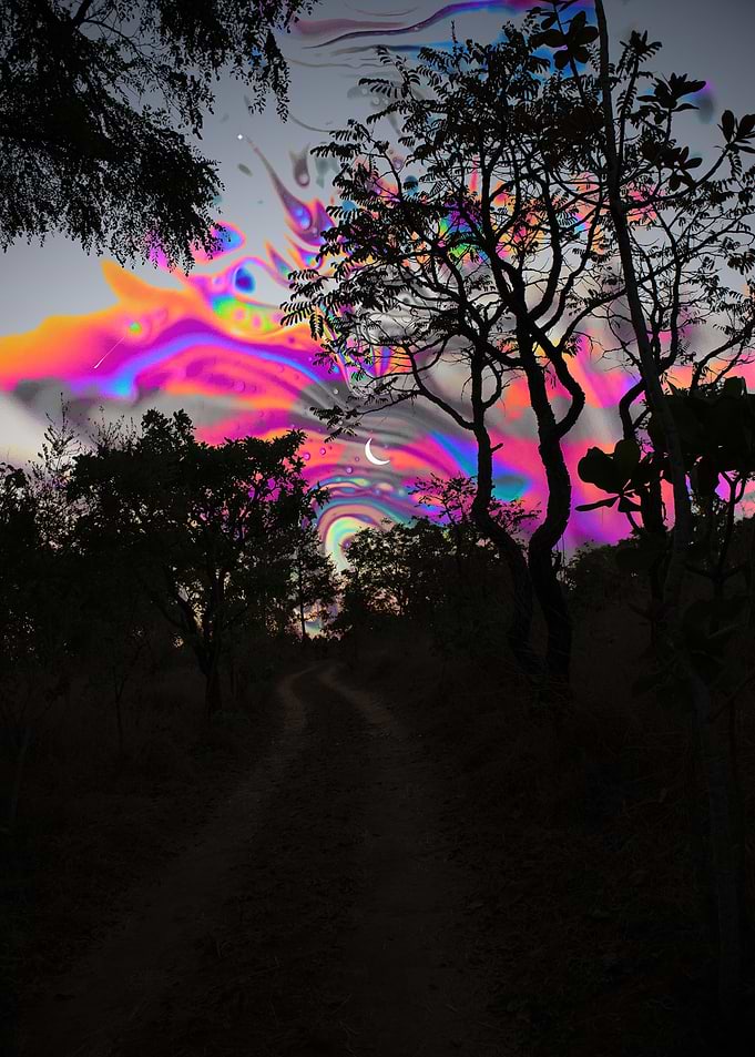 Surreal Night Sky Over Forest Path