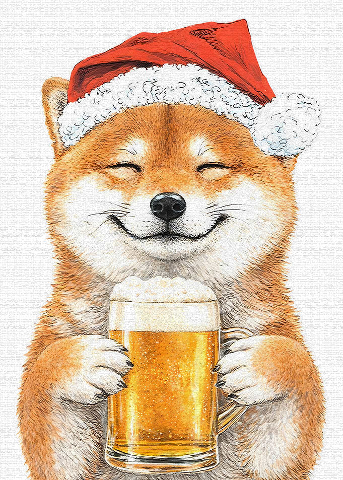 Shiba Inu in Santa Hat with Beer