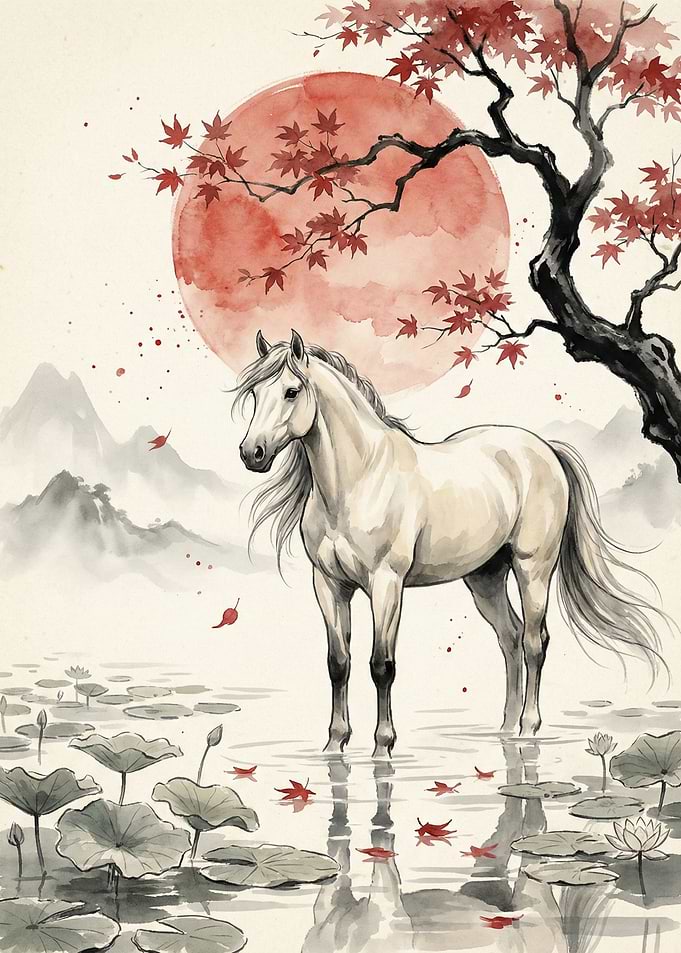 White Horse in Water with Maple Leaves