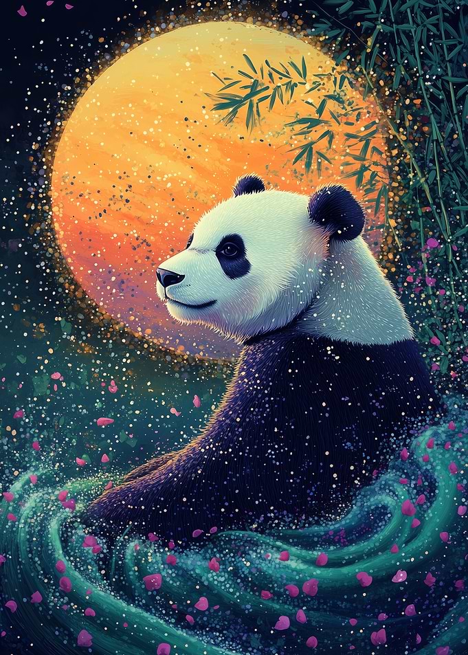 Panda in a mystical water garden