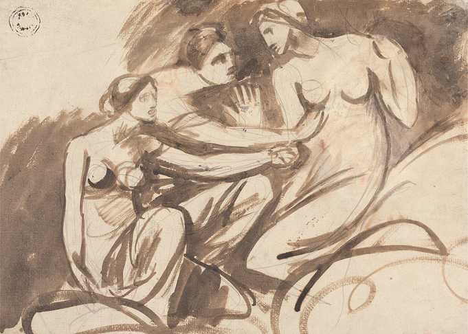 Three Nude Figures in a Dynamic Composition