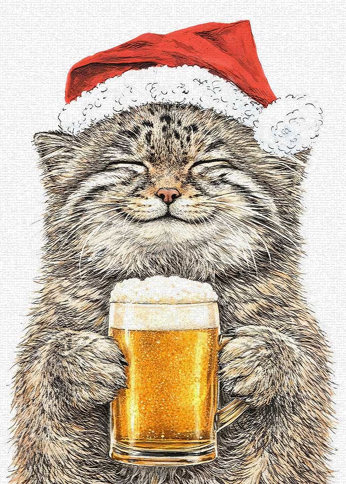 Cat in Santa Hat with Beer
