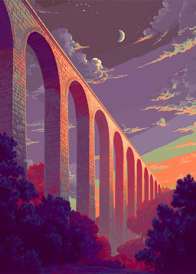 Pixel Art Viaduct at Dusk