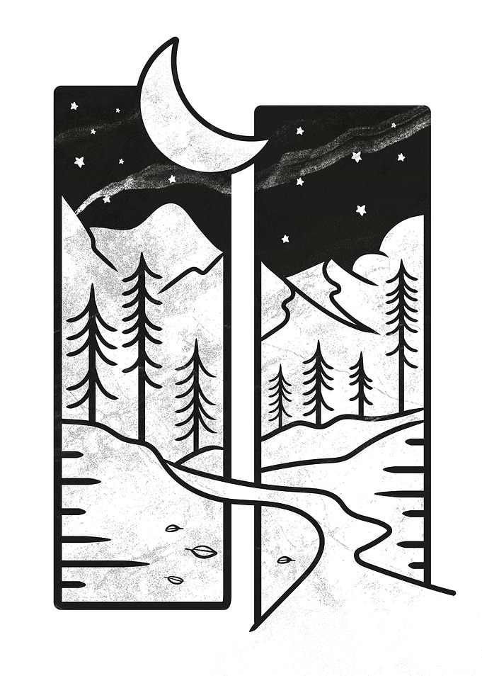 Nighttime Mountain Landscape with Moon