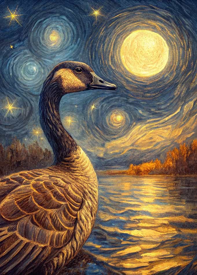 Goose under starry night sky