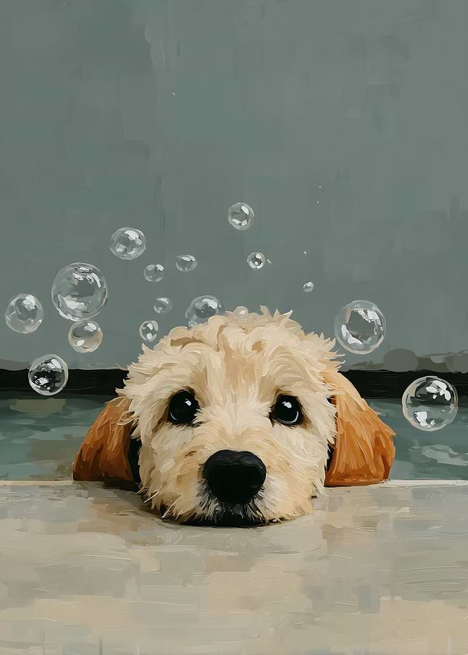 Cute puppy in bath with bubbles