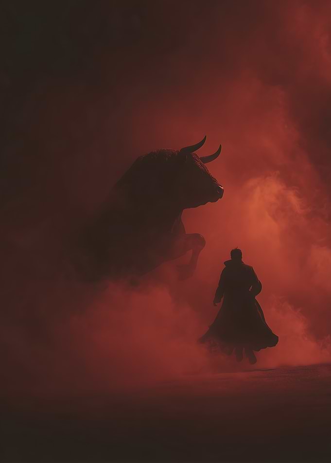 Man confronts a charging bull in red smoke