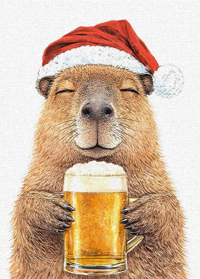 Capybara in Santa Hat with Beer