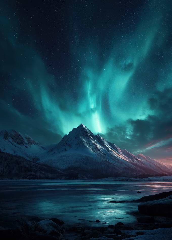 Aurora Borealis over Snowy Mountains