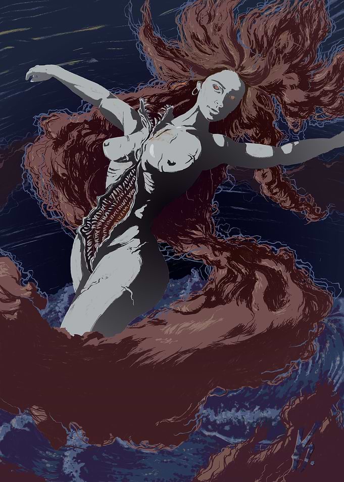 Grotesque Mermaid in Dark Waters