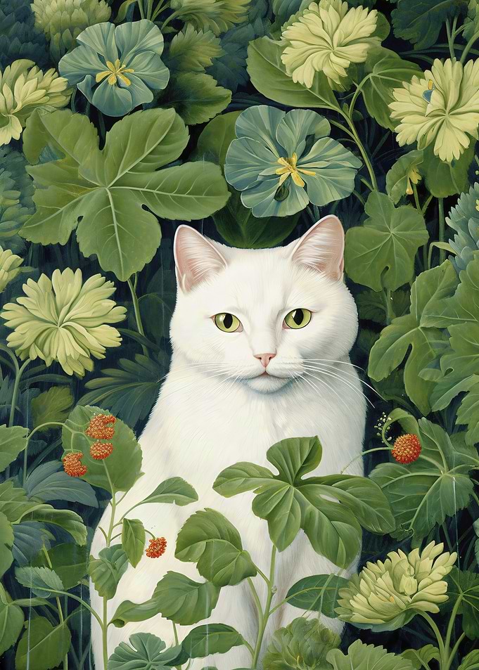 White Cat Among Greenery