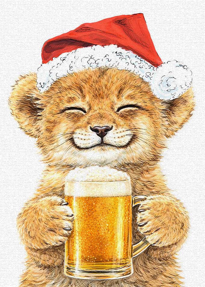 Lion Cub in Santa Hat with Beer