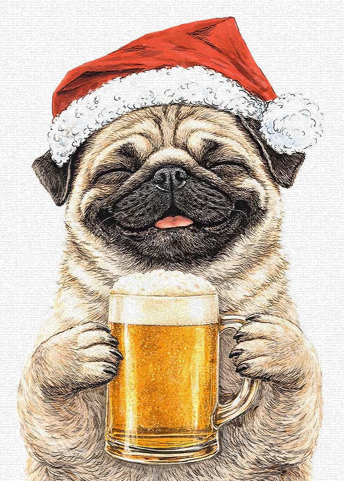 Happy Pug in Santa Hat with Beer