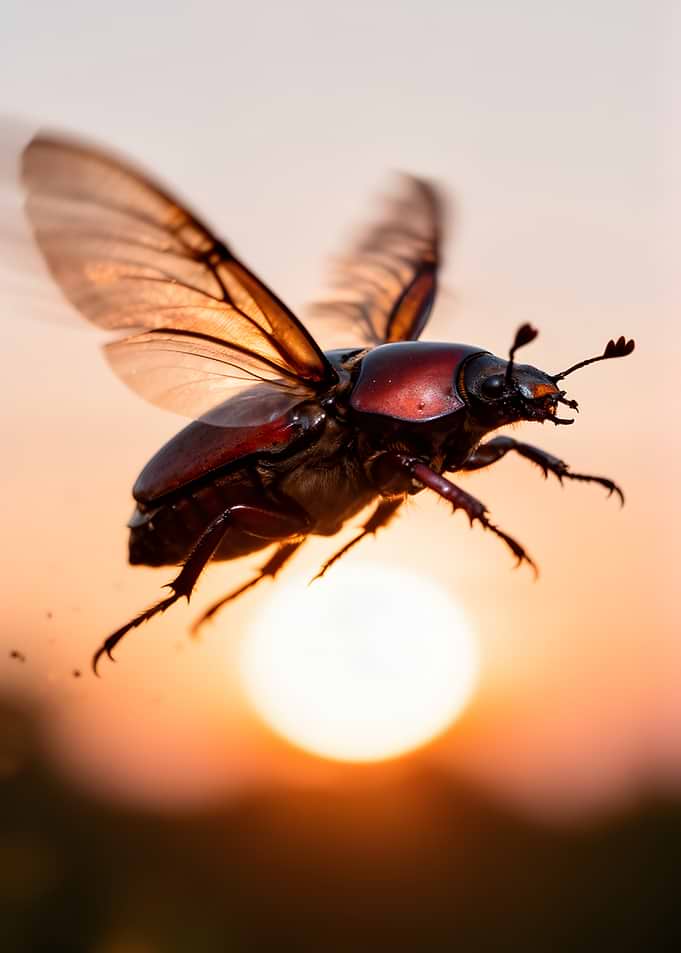 Beetle in flight at sunset