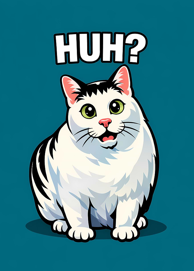 Confused Cat with 'HUH?'