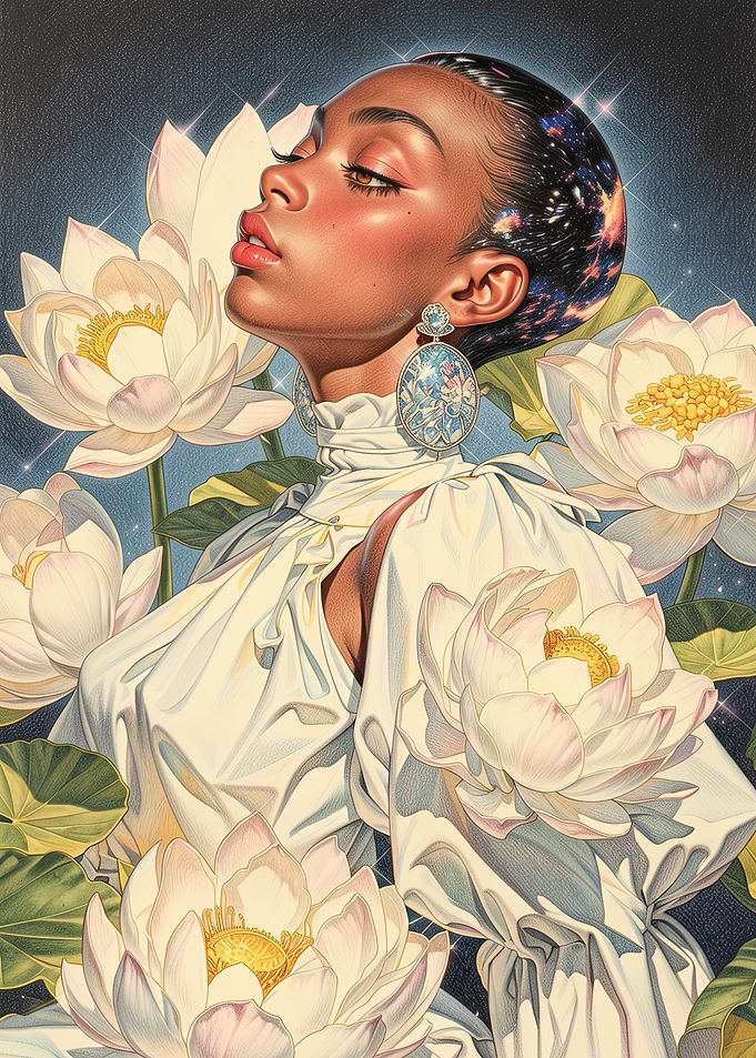 Woman with Galaxy Hair and Lotuses