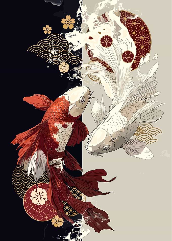 Two Koi Fish in Japanese Style