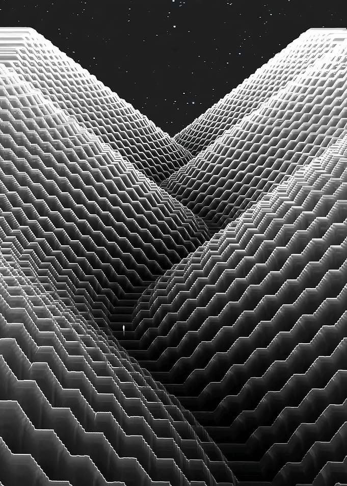 Surreal Geometric Landscape with Lone Figure